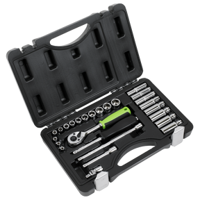 Introducing the Sealey Socket Set 26pc 1/4"Sq Drive Metric - S01234: a black plastic case containing a socket wrench set made from durable Chrome Vanadium steel, including metric sockets, a 72-tooth ratchet wrench with a green grip, and various attachments.