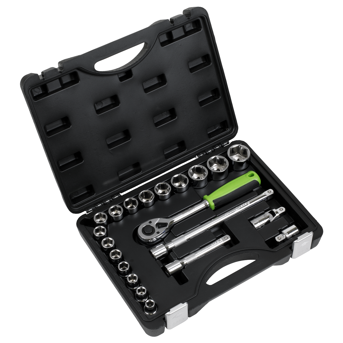 A black tool case containing the Sealey Socket Set 21pc 1/2"Sq Drive Metric (S01237), which includes socket wrenches, a ratchet handle, various size sockets, and extension bars made from durable Chrome Vanadium steel.