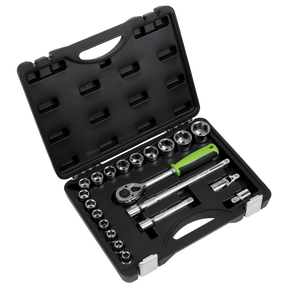 A black tool case containing the Sealey Socket Set 21pc 1/2"Sq Drive Metric (S01237), which includes socket wrenches, a ratchet handle, various size sockets, and extension bars made from durable Chrome Vanadium steel.