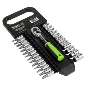 The Sealey Socket & Socket Bit Set 27pc 1/4"Sq Drive WallDrive® Metric - S01241 includes a 72-tooth pear-head ratchet wrench with a green handle, along with an assortment of Chrome Vanadium steel sockets and bits neatly arranged on a black plastic holder. This set guarantees durability with its lifetime guarantee.