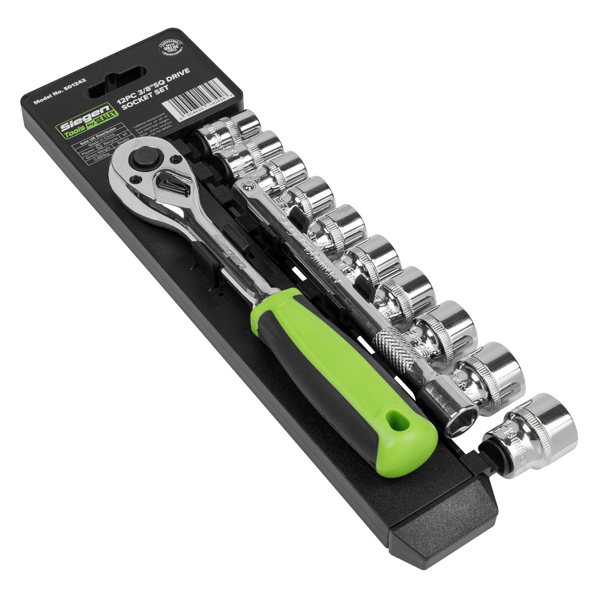 The Sealey Socket Set 12pc 3/8"Sq Drive WallDrive® Metric - S01242 includes a green-handled, 72-tooth ratchet wrench and various socket sizes, all crafted from durable Chrome Vanadium steel and arranged on a black holder.