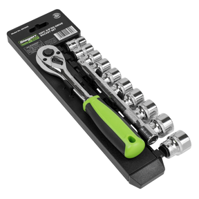 The Sealey Socket Set 12pc 3/8"Sq Drive WallDrive® Metric - S01242 includes a green-handled, 72-tooth ratchet wrench and various socket sizes, all crafted from durable Chrome Vanadium steel and arranged on a black holder.