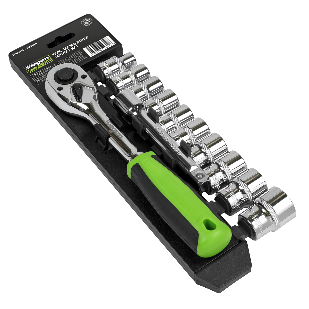 A set of Sealey Socket Set 12pc 1/2"Sq Drive WallDrive® Metric - S01244 with a green-handled, 72-tooth pear-head ratchet wrench is arranged neatly on a black plastic tray. This durable collection comes with a lifetime guarantee.