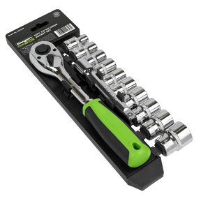 A set of Sealey Socket Set 12pc 1/2"Sq Drive WallDrive® Metric - S01244 with a green-handled, 72-tooth pear-head ratchet wrench is arranged neatly on a black plastic tray. This durable collection comes with a lifetime guarantee.