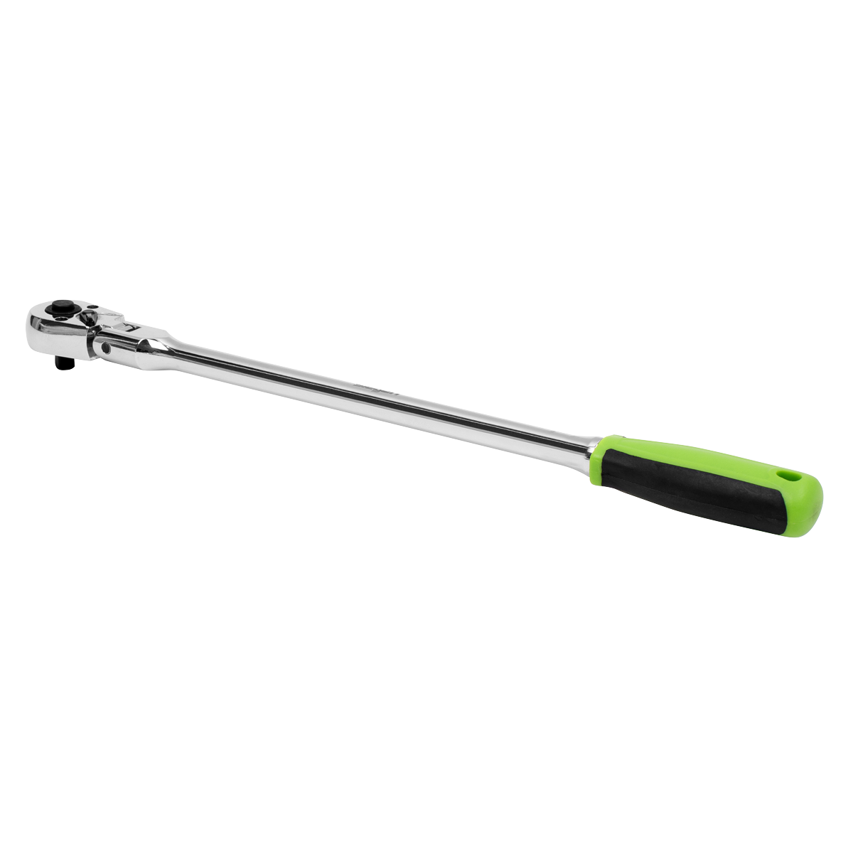 A Ratchet Wrench 1/4"Sq Drive Long Flexi-Head Flip Reverse - S01257 by Sealey, featuring a green and black handle and made from durable chrome vanadium steel.