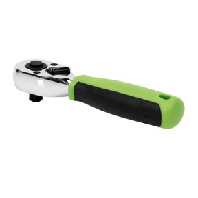 The Sealey Ratchet Wrench 1/4" Sq Drive Stubby – Flip Reverse (S01258) features a black and green handle with an anti-slip comfort grip for ease of use. Made from durable chrome vanadium steel, this tool also boasts a precise 72 tooth ratchet mechanism.