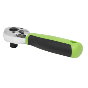 A close-up of the Sealey Ratchet Wrench 3/8"Sq Drive Stubby – Flip Reverse - S01259, showcasing its green and black Anti-Slip Comfort Grip handle, silver metallic body made from Chrome Vanadium Steel, and square drive head.
