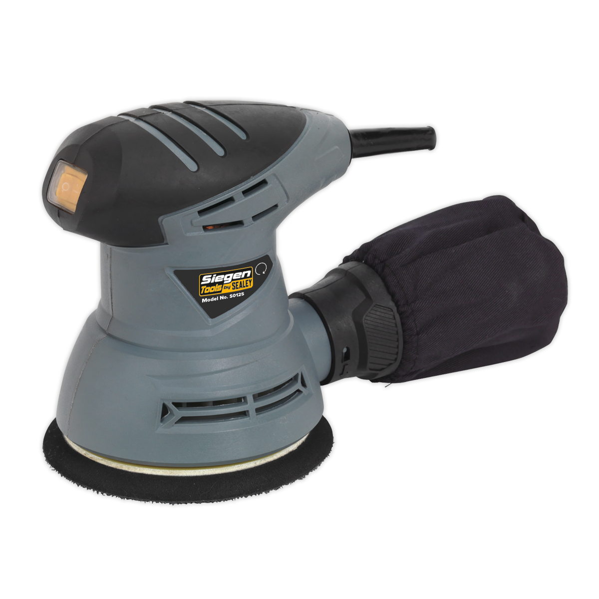 The Sealey Dual Action Palm Sander Ø125mm 240W/230V - S0125 features a compact design in gray and black with self-contained dust extraction, including a rear-attached dust collection bag. Ideal for various sanding applications.