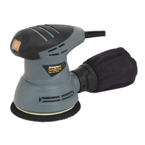 The Sealey Dual Action Palm Sander Ø125mm 240W/230V - S0125 features a compact design in gray and black with self-contained dust extraction, including a rear-attached dust collection bag. Ideal for various sanding applications.