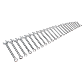 The Sealey Combination Spanner Set 25pc Jumbo Metric - S0401 includes twenty-five wrenches, each meticulously crafted from durable Chrome Vanadium steel and arranged in a straight line from largest to smallest. Every combination spanner features both an open end and a box end, all neatly housed in a convenient storage pouch for easy access and portability.