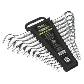 A set of 14 combination spanners neatly organized in a black plastic holder, featuring both open and box end wrenches. Made from robust Chrome Vanadium steel, the holder includes a label with product information and a QR code, proudly displaying the Sealey brand and the name "Combination Spanner Set 14pc Metric - S0402.