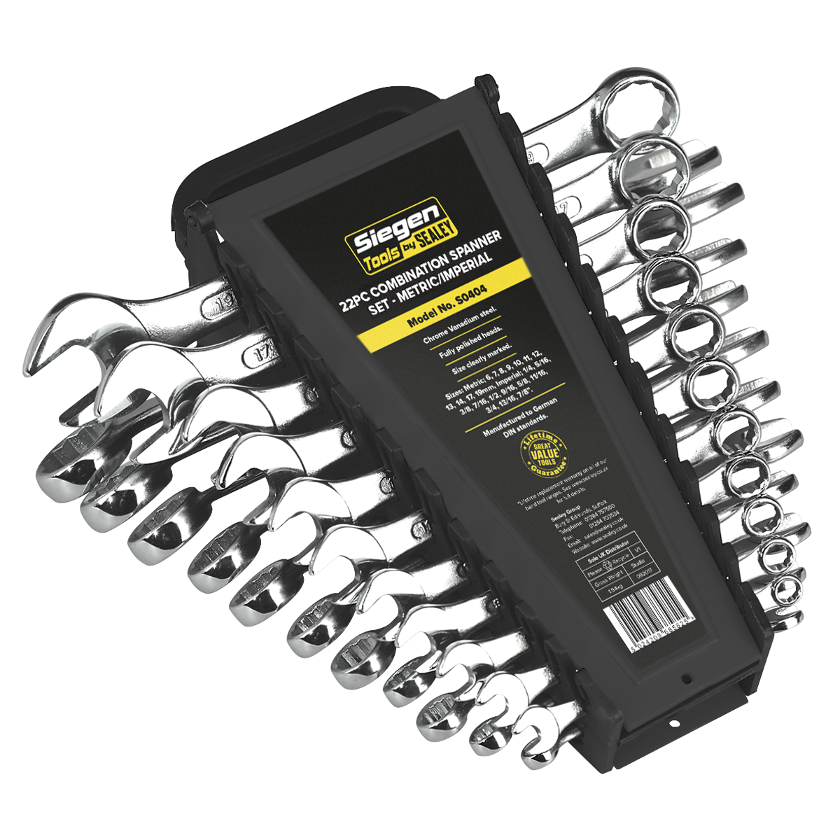 The Sealey Combination Spanner Set 22pc Metric/Imperial - S0404 features fully polished heads made from Chrome Vanadium steel, neatly displayed in a black plastic holder. Lifetime guarantee included.