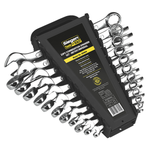 The Sealey Combination Spanner Set 22pc Metric/Imperial - S0404 features fully polished heads made from Chrome Vanadium steel, neatly displayed in a black plastic holder. Lifetime guarantee included.