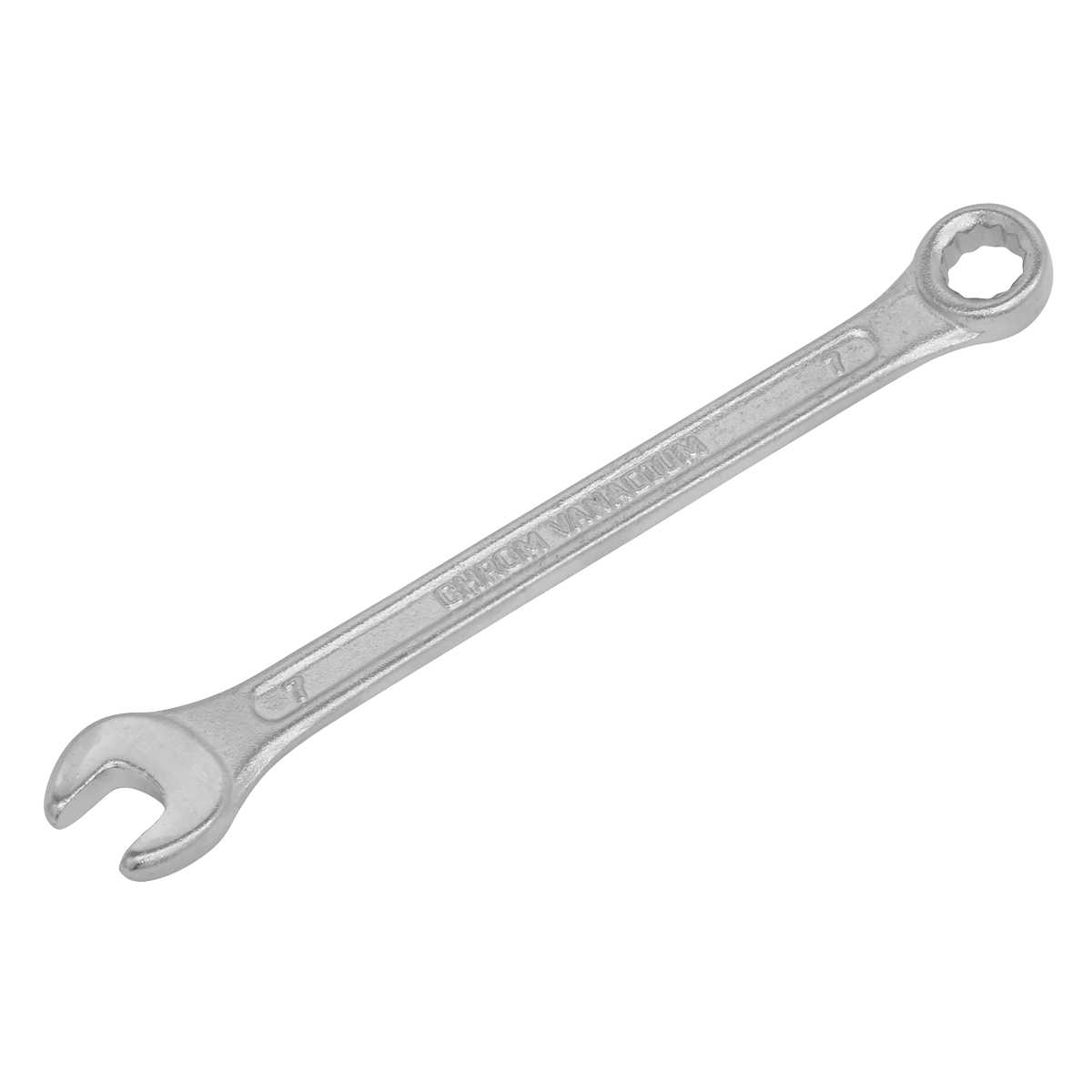 The Sealey Combination Spanner 7mm - S0407, made from durable Chrome Vanadium steel, features an open-end on one side and a box-end on the other—perfect for tightening or loosening nuts and bolts. This reliable tool is backed by a lifetime guarantee.