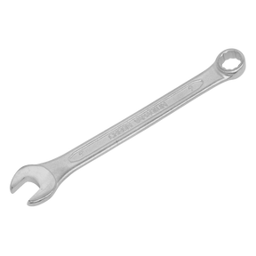 The Sealey Combination Spanner 9mm - S0409, crafted from durable Chrome Vanadium steel, features an open-end on one side and a box-end on the other, presented on a white background. This essential tool comes with a lifetime guarantee for reliable performance.
