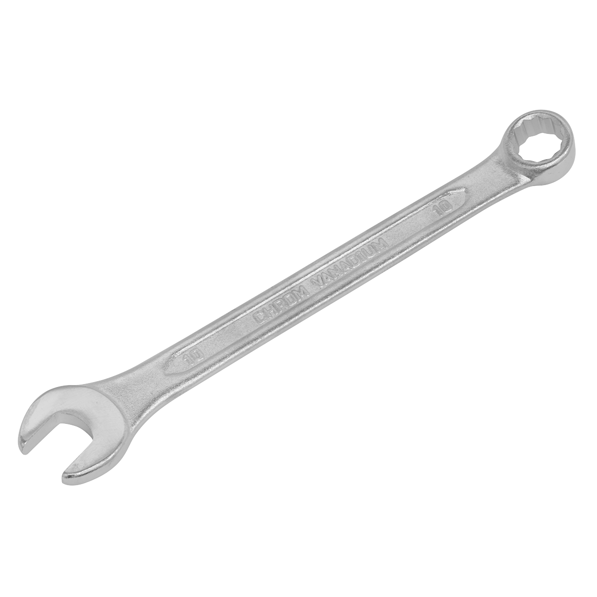 The Sealey Combination Spanner 10mm - S0410, made from Chrome Vanadium steel, features an open-end and a box-end, and is commonly used for tightening or loosening nuts and bolts.