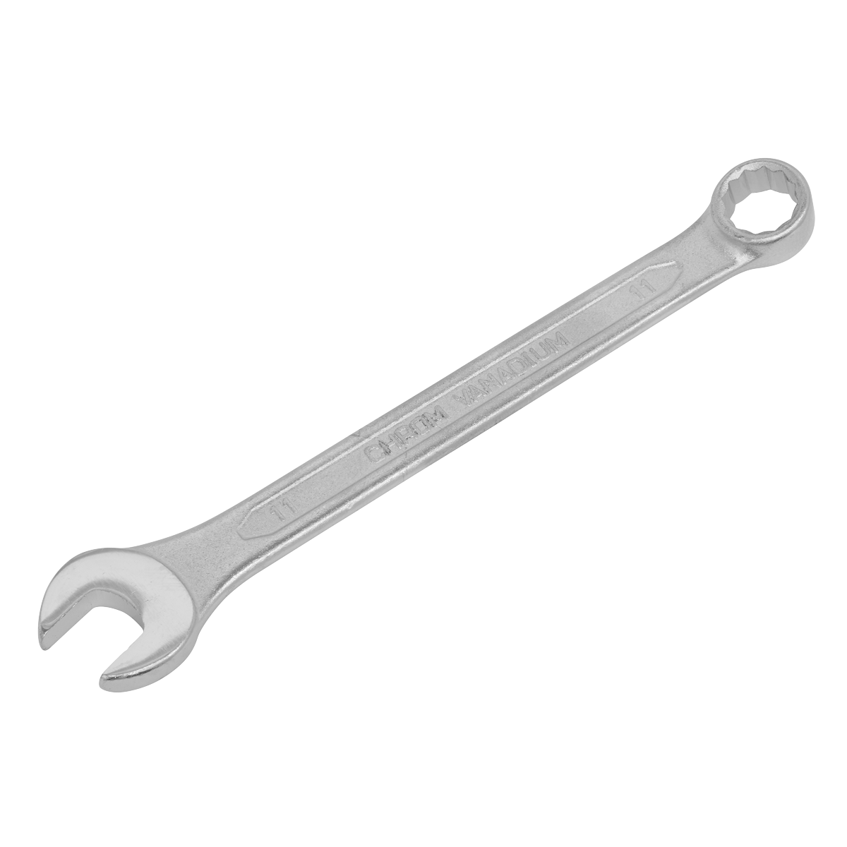 The Sealey Combination Spanner 11mm - S0411 is a top-notch tool crafted from durable Chrome Vanadium steel. It features one open end and one closed loop end, and is presented against a plain white background. This high-quality spanner also comes with a lifetime guarantee.