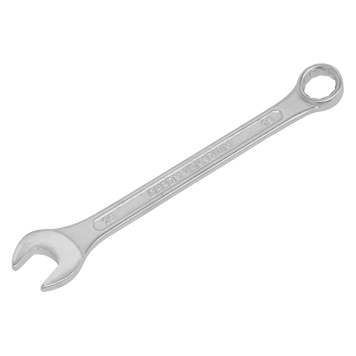 The Combination Spanner 15mm - S0415 from Sealey features an open end on one side and a closed, ring-shaped end on the other. Made from durable Chrome Vanadium steel, it also comes with a lifetime guarantee for ultimate reliability.