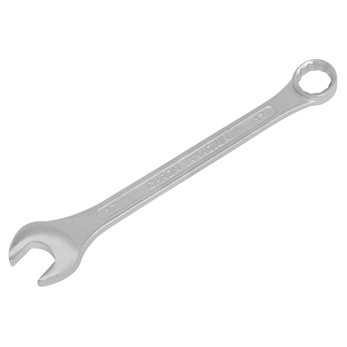 The Sealey Combination Spanner 17mm (S0417), crafted from durable Chrome Vanadium steel, features an open-end on one side and a box-end on the other, and is backed by a lifetime guarantee.