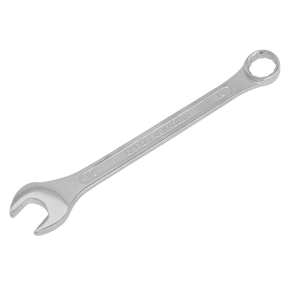 An 18mm Combination Spanner (S0418) from the brand Sealey, made from durable Chrome Vanadium steel, featuring an open-end on one side and a closed-loop on the other, is lying against a white background. This Siegen by Sealey tool comes with a lifetime guarantee.