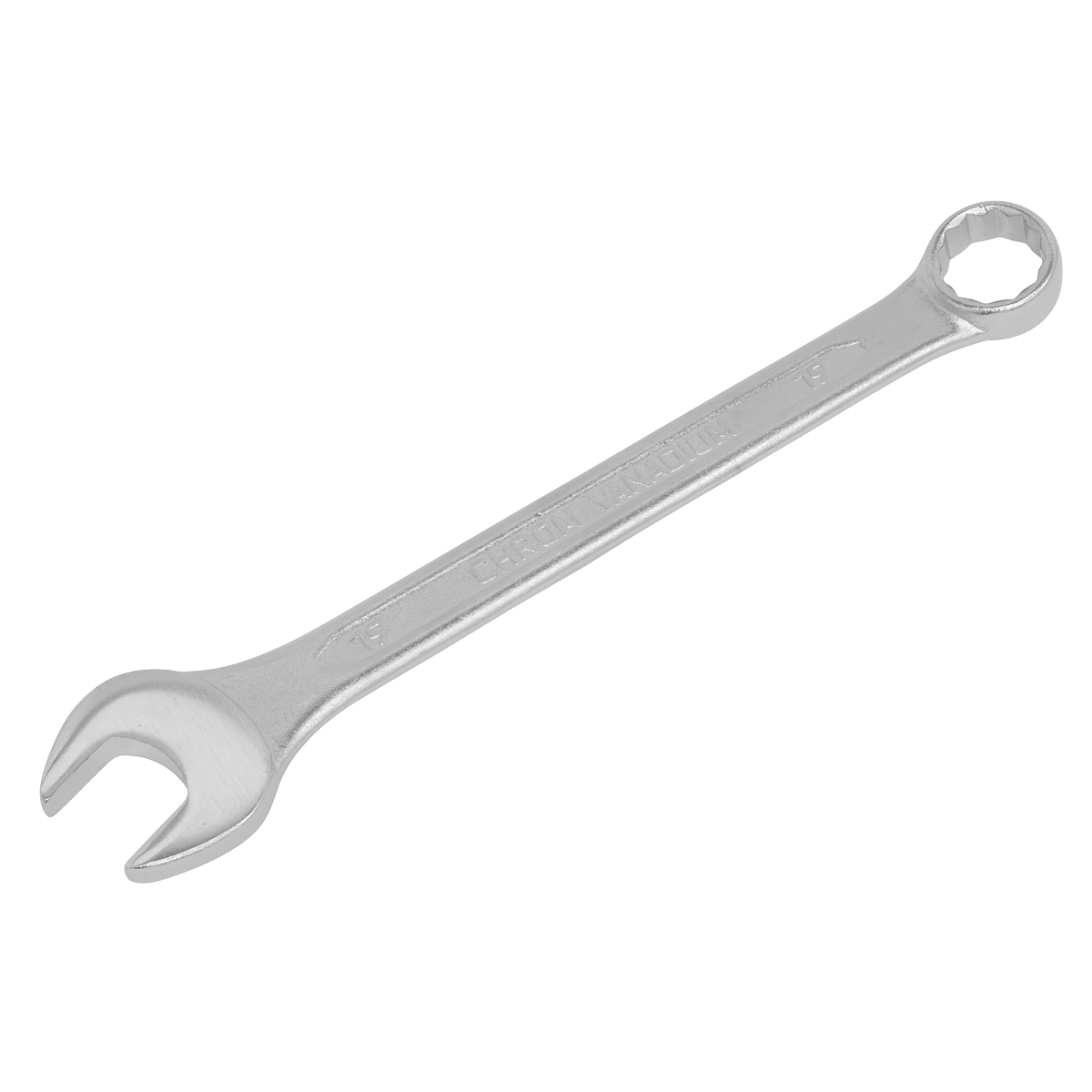 The Sealey Combination Spanner 19mm - S0419 is a silver wrench featuring both an open end and a box end, crafted from durable Chrome Vanadium steel, ensuring it meets the DIN standard for quality tools.