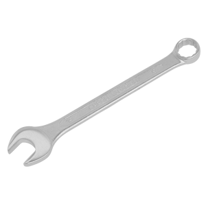 The Sealey Combination Spanner 19mm - S0419 is a silver wrench featuring both an open end and a box end, crafted from durable Chrome Vanadium steel, ensuring it meets the DIN standard for quality tools.