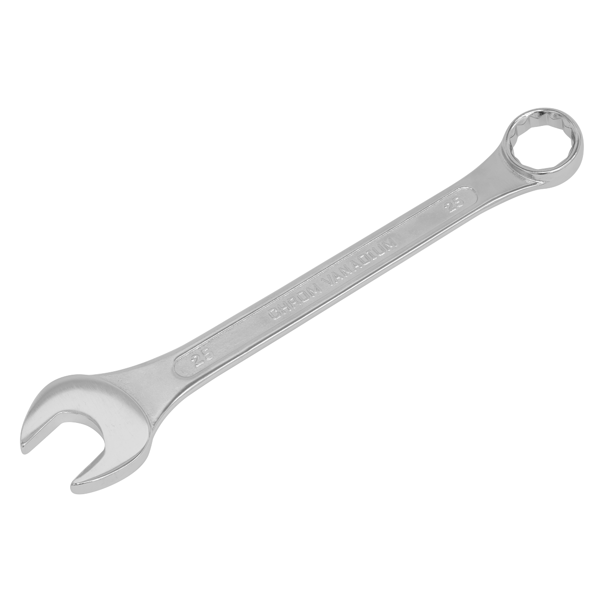 The Sealey Combination Spanner 25mm - S0425 is a silver wrench made from Chrome Vanadium steel, featuring one open end and one closed end, and has a 25mm measurement marking on the handle.