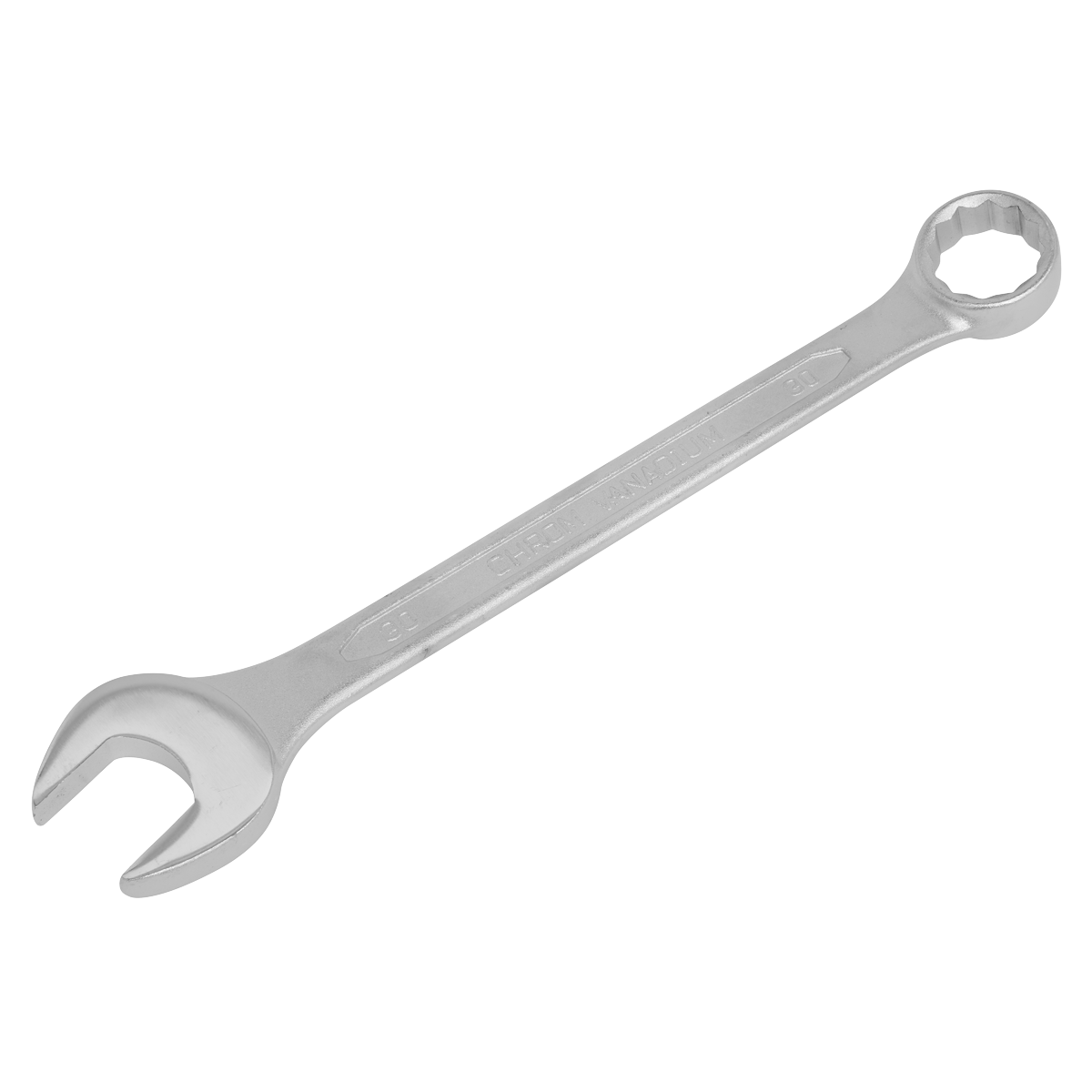 A Sealey Combination Spanner 30mm - S0430 made of Chrome Vanadium steel, featuring an open-end and a box-end on opposite sides, lying flat on a white background. This quality tool comes with a lifetime guarantee.