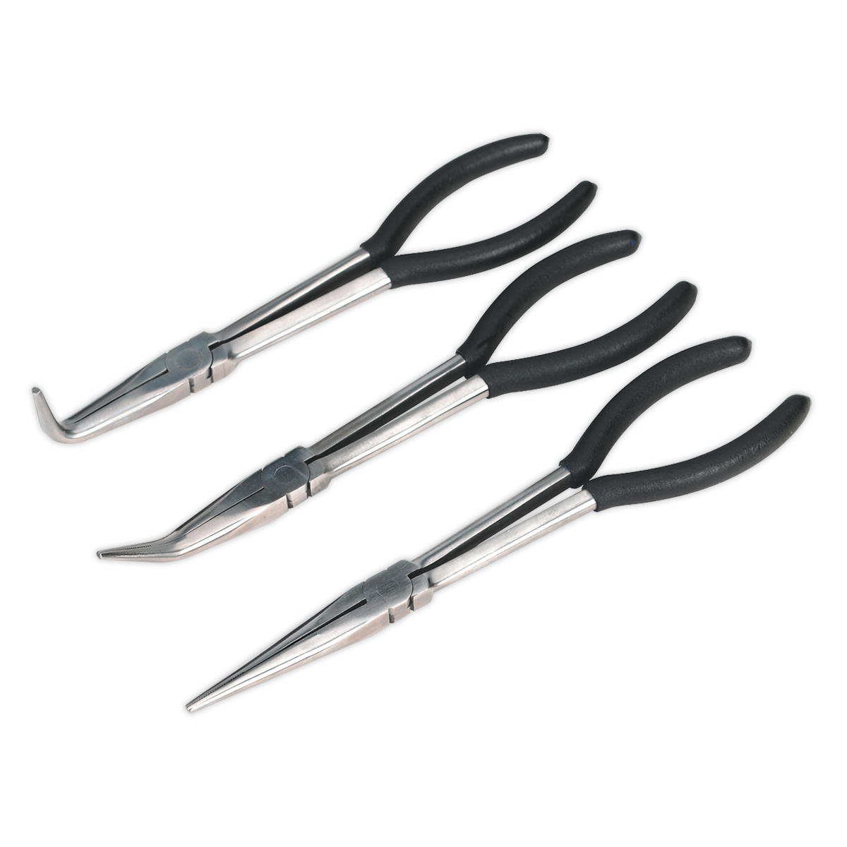 The Sealey Needle Nose Pliers Set 3pc 275mm - S0433 features three drop-forged steel pliers with non-slip black handles, meticulously arranged in parallel. This set includes one plier with a bent tip, one with a curved tip, and one with a straight tip.