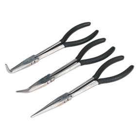 The Sealey Needle Nose Pliers Set 3pc 275mm - S0433 features three drop-forged steel pliers with non-slip black handles, meticulously arranged in parallel. This set includes one plier with a bent tip, one with a curved tip, and one with a straight tip.