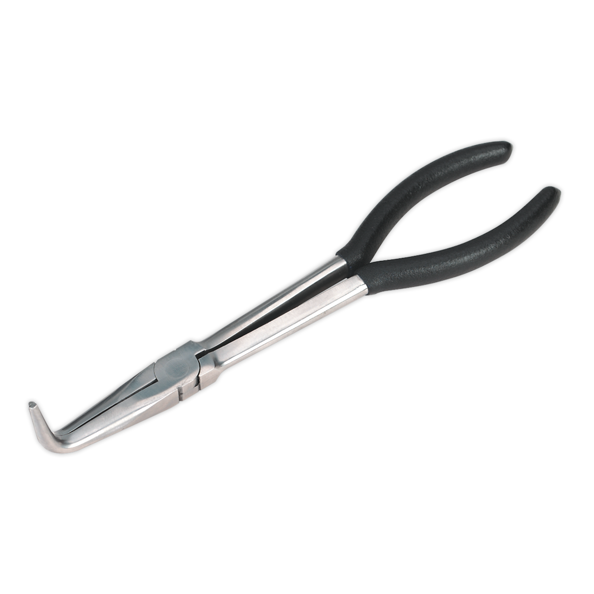 Introducing the Sealey Needle Nose Pliers 275mm 90° Angle Nose - S0435, featuring a pair of precisely crafted pliers with a bent nose and non-slip black rubber grip handles, made from heat-treated steel for optimal gripping and bending tasks.