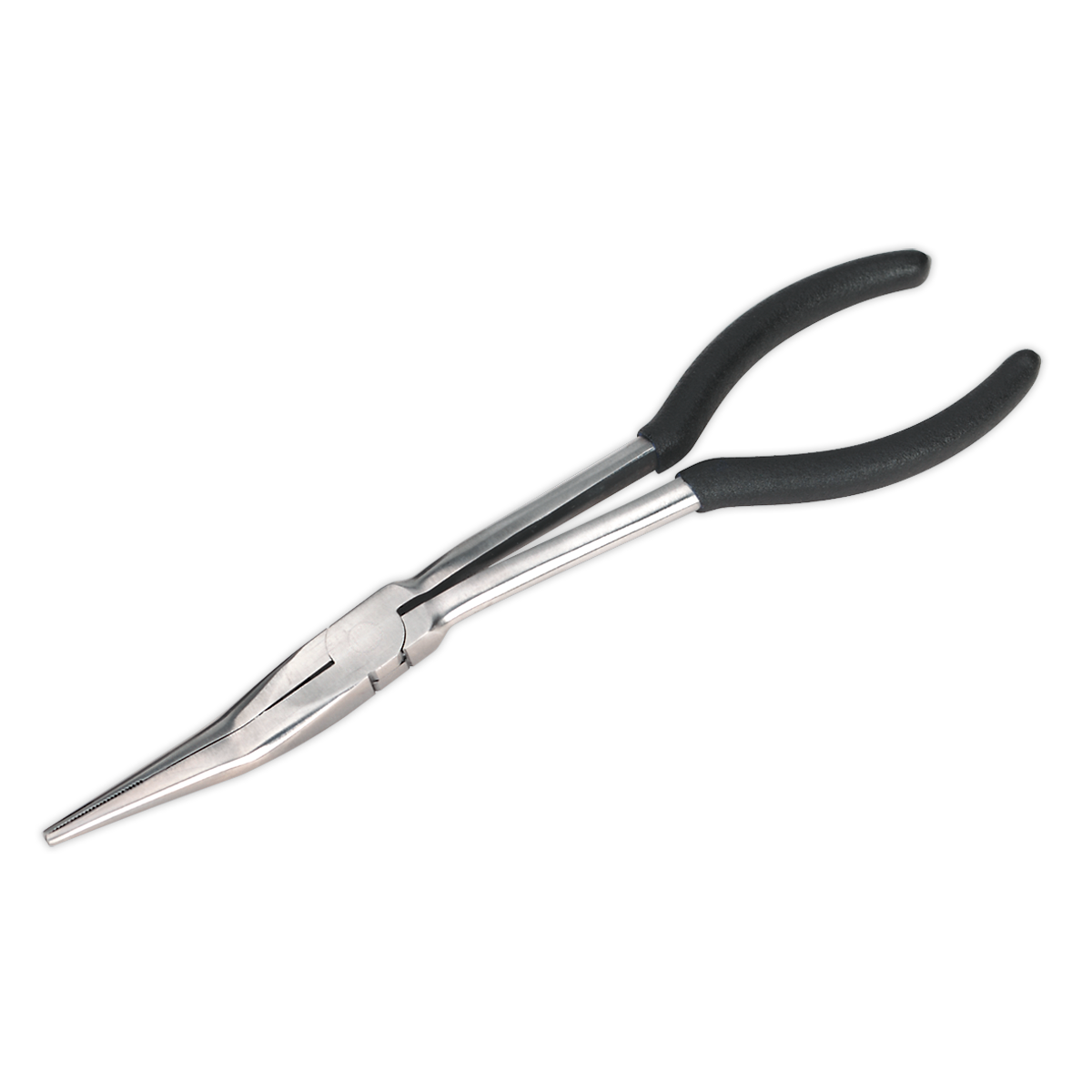 Image of Sealey Needle Nose Pliers 275mm Offset - S0437 with black rubber handles. Crafted from drop-forged steel, the pliers feature a polished metal finish and are designed for precision tasks. These quality tools ensure accuracy and durability for any project.