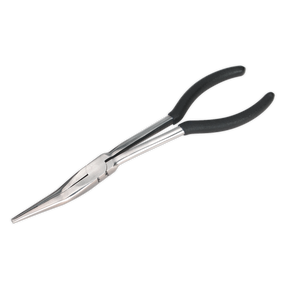 Image of Sealey Needle Nose Pliers 275mm Offset - S0437 with black rubber handles. Crafted from drop-forged steel, the pliers feature a polished metal finish and are designed for precision tasks. These quality tools ensure accuracy and durability for any project.