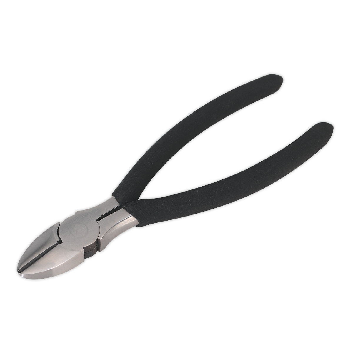 A pair of Sealey Side Cutters 150mm - S0439, featuring black handles and a silver cutting edge, angled against a white background. Crafted as quality tools, these side cutters come with a lifetime guarantee.