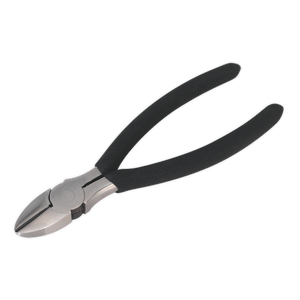 A pair of Sealey Side Cutters 150mm - S0439, featuring black handles and a silver cutting edge, angled against a white background. Crafted as quality tools, these side cutters come with a lifetime guarantee.