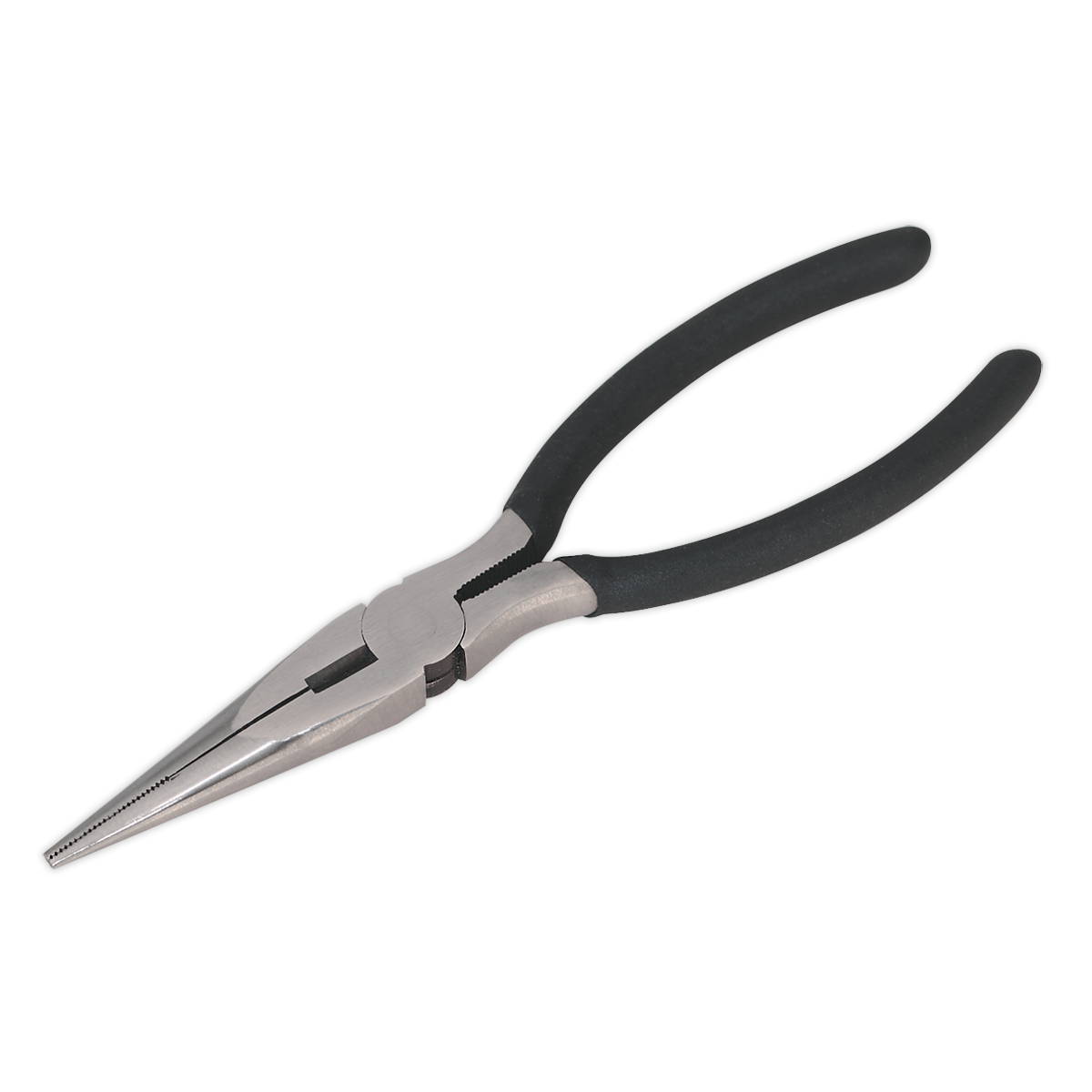 A pair of Sealey Long Nose Pliers 150mm - S0442, featuring black handles and a silver, pointed tip, crafted from heat-treated steel for durability.