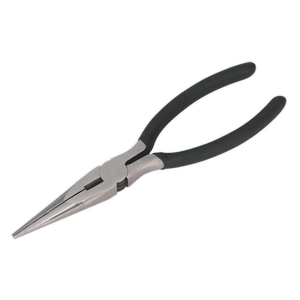 A pair of Sealey Long Nose Pliers 150mm - S0442, featuring black handles and a silver, pointed tip, crafted from heat-treated steel for durability.