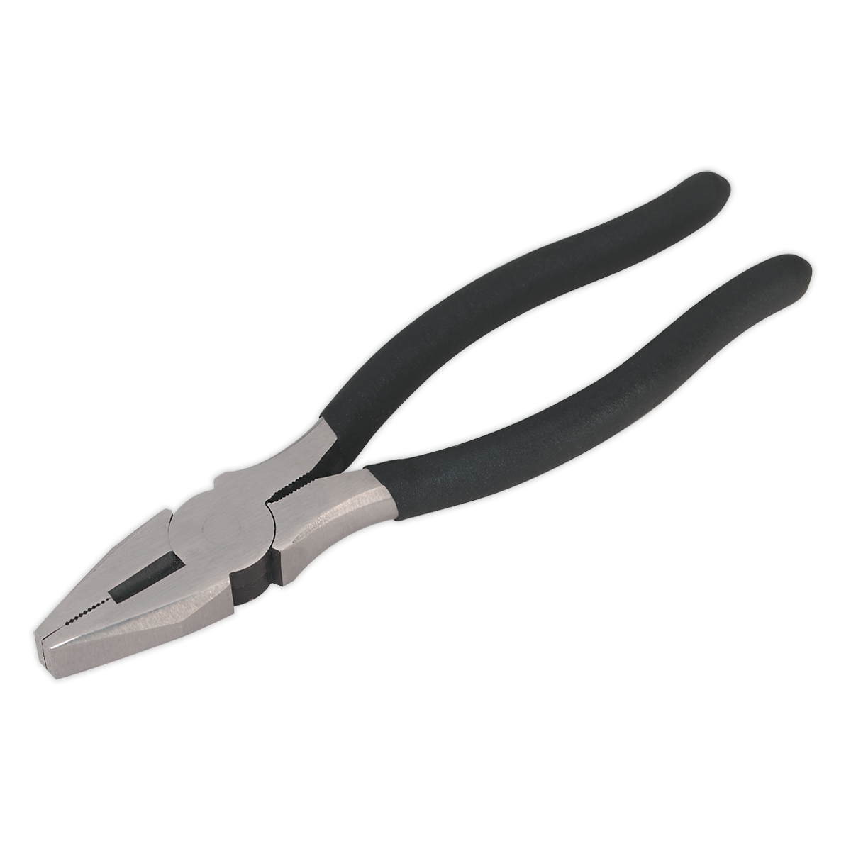 A pair of quality Combination Pliers 200mm - S0446 from Sealey, featuring heat-treated steel jaws and black, non-slip foam cushion grip handles.