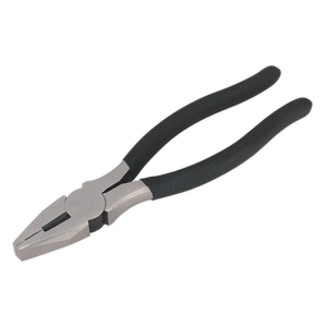 A pair of quality Combination Pliers 200mm - S0446 from Sealey, featuring heat-treated steel jaws and black, non-slip foam cushion grip handles.