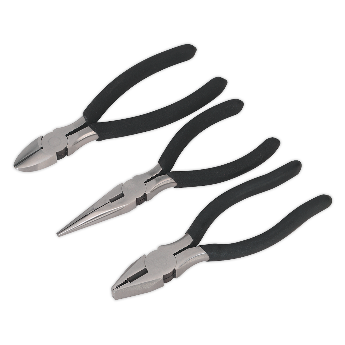 Three pairs of Sealey quality tools from the Pliers Set 3pc - S0447, featuring black non-slip handles, are laid in a row. The set includes diagonal cutting pliers, long nose pliers, and combination pliers.