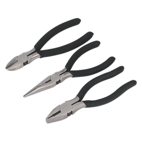 Three pairs of Sealey quality tools from the Pliers Set 3pc - S0447, featuring black non-slip handles, are laid in a row. The set includes diagonal cutting pliers, long nose pliers, and combination pliers.