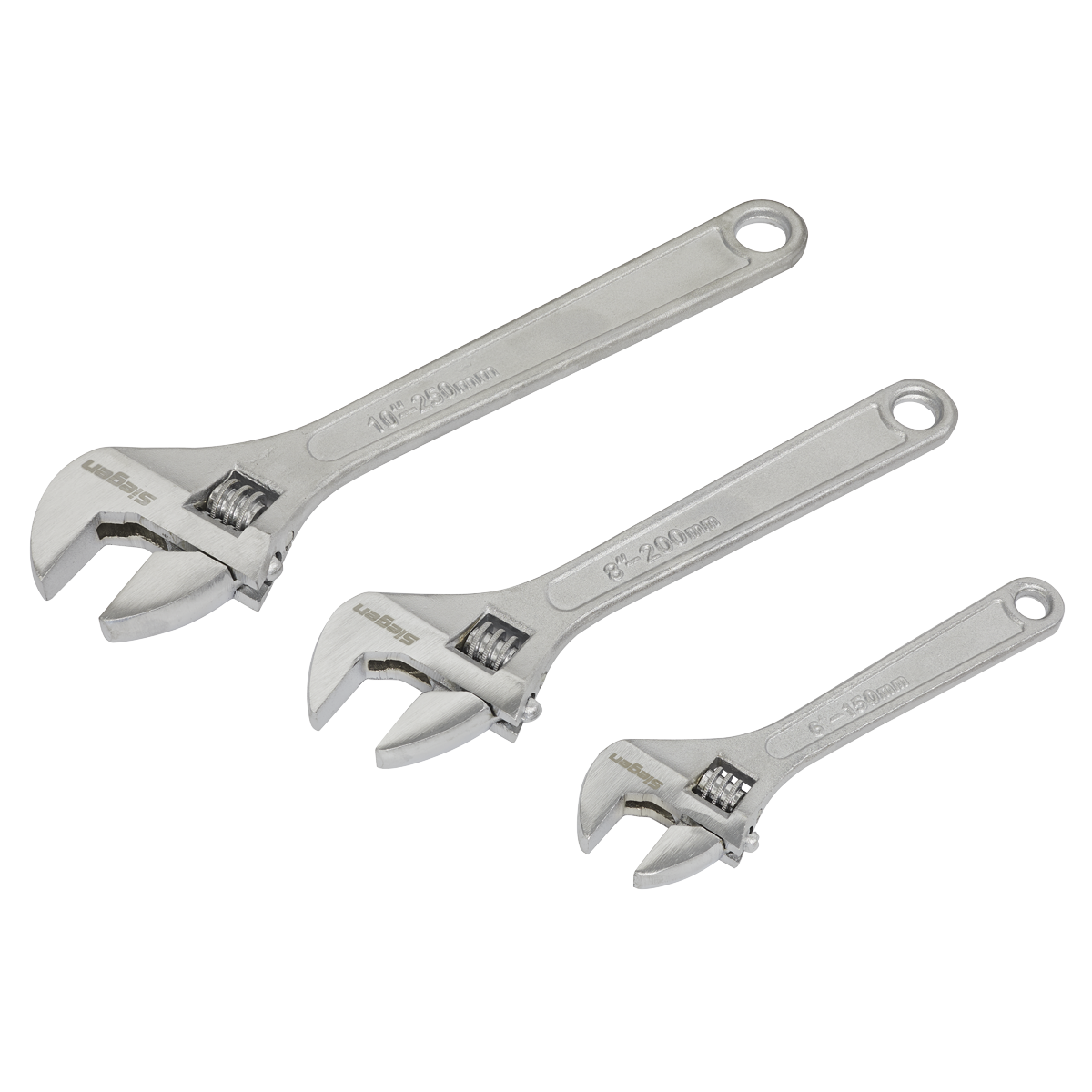 Three Sealey Adjustable Wrench Set 3pc (150, 200 & 250mm) - S0448, crafted from hardened steel and featuring a chrome-plated finish, are aligned in a row on a white background.