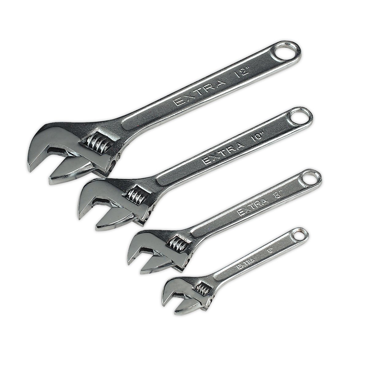 Four adjustable wrenches of varying sizes (300mm, 250mm, 200mm, and 150mm) are laid out from largest to smallest, each displaying the label "E-XTRA" and their respective size etched on the handle. Crafted from hardened steel for durability and precision, these quality tools by Sealey are part of the Adjustable Wrench Set 4pc S0449.