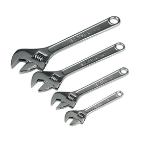 Four adjustable wrenches of varying sizes (300mm, 250mm, 200mm, and 150mm) are laid out from largest to smallest, each displaying the label "E-XTRA" and their respective size etched on the handle. Crafted from hardened steel for durability and precision, these quality tools by Sealey are part of the Adjustable Wrench Set 4pc S0449.