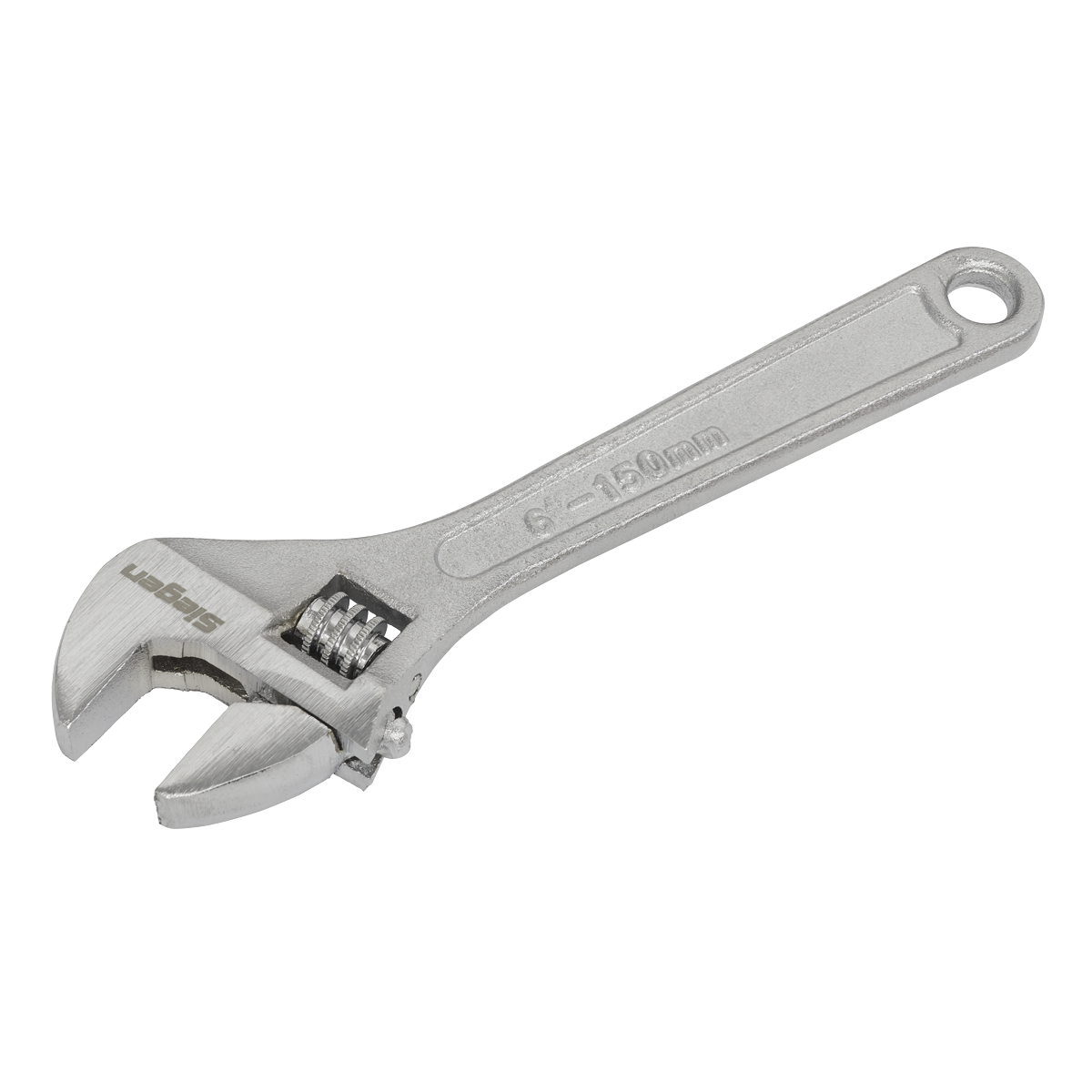 A silver adjustable wrench, model S0450 by Sealey, features a 6"-150mm measurement marking and a hole at the end of the handle, exemplifying the quality tools from the Siegen series.