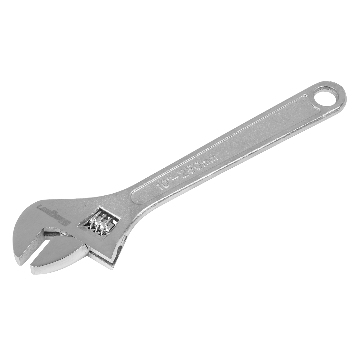 The Sealey Adjustable Wrench 250mm - S0452 is a high-quality tool designed for durability. It features a 10"-250mm measurement marking on the handle, a hole at the end for hanging, and is finished with chrome plating. Additionally, it comes with a lifetime guarantee.