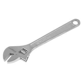 The Sealey Adjustable Wrench 250mm - S0452 is a high-quality tool designed for durability. It features a 10"-250mm measurement marking on the handle, a hole at the end for hanging, and is finished with chrome plating. Additionally, it comes with a lifetime guarantee.