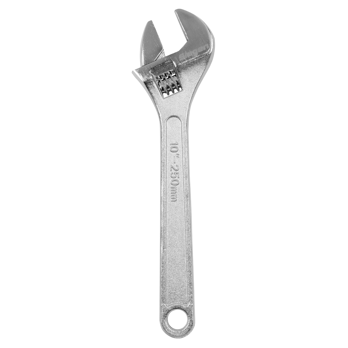 The Sealey Adjustable Wrench 250mm - S0452 is a premium tool with a chrome-plated finish, measuring 10 inches (250 millimeters). This silver wrench features an adjustable mechanism and includes a hole at the bottom of the handle for convenient hanging. It also comes with a lifetime guarantee, ensuring its quality and durability.