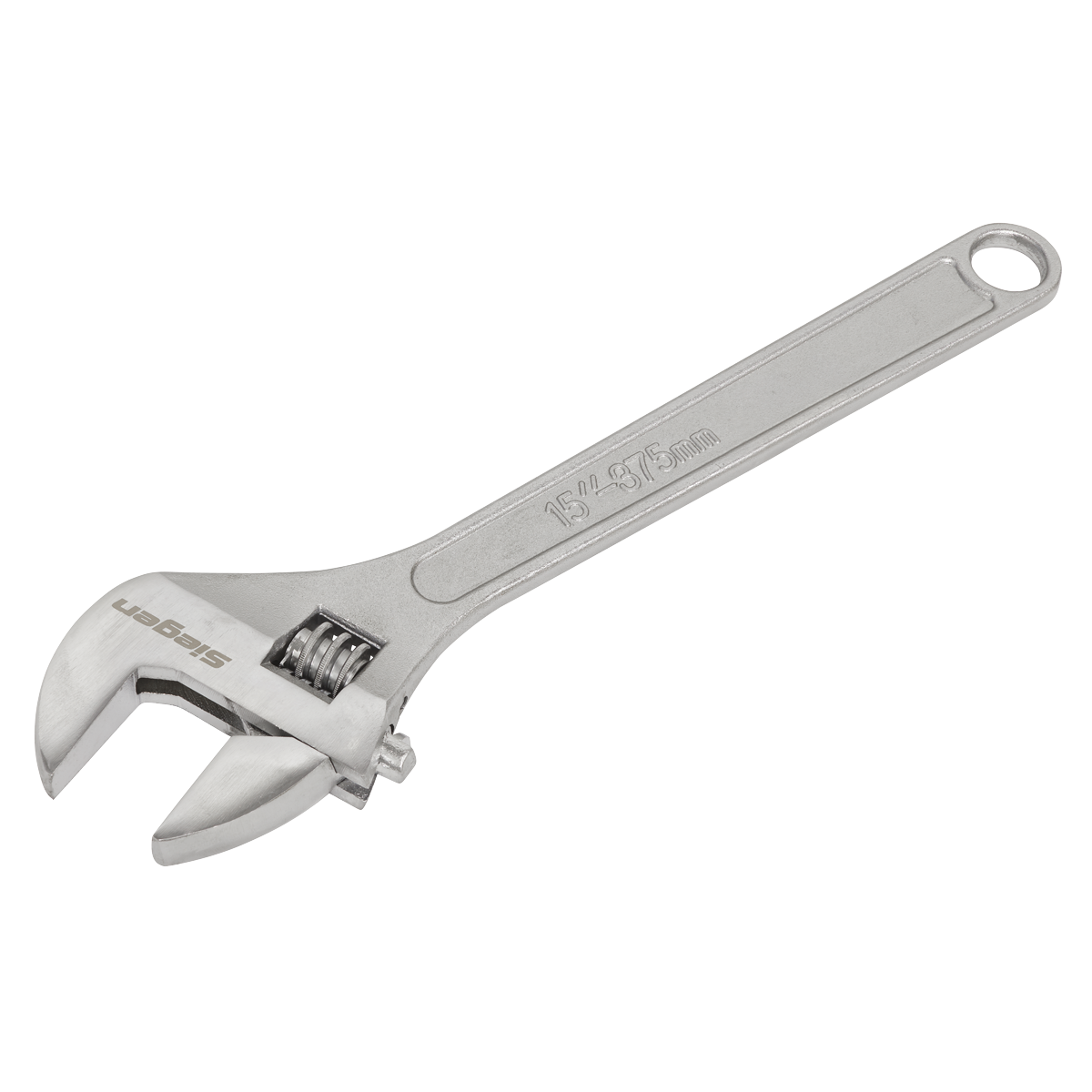 The Sealey Adjustable Wrench 375mm - S0454 is a silver, hardened steel tool with a measurement scale on the jaw for precise gripping and turning of nuts and bolts. It features a chrome-plated finish and includes a hole at the handle's end for convenient hanging, making it an essential addition to any quality tools collection.