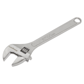 The Sealey Adjustable Wrench 375mm - S0454 is a silver, hardened steel tool with a measurement scale on the jaw for precise gripping and turning of nuts and bolts. It features a chrome-plated finish and includes a hole at the handle's end for convenient hanging, making it an essential addition to any quality tools collection.